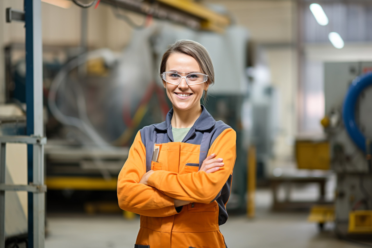 Smiling female machinist at work in factory on blured background