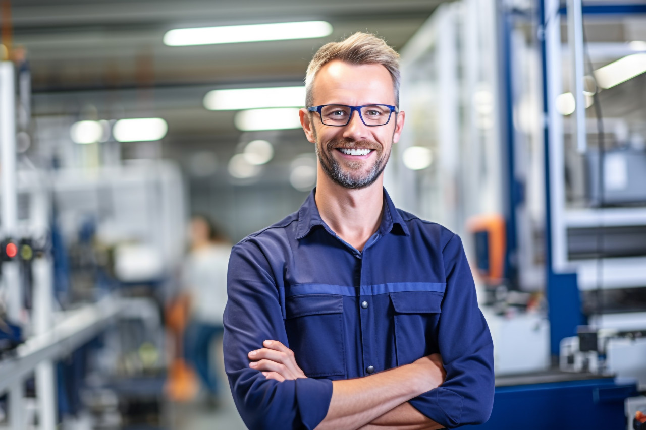 Automation engineer smiling at work on blurred background