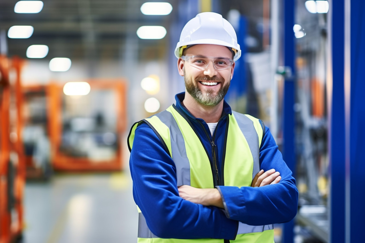 Automation engineer smiling at work on blurred background