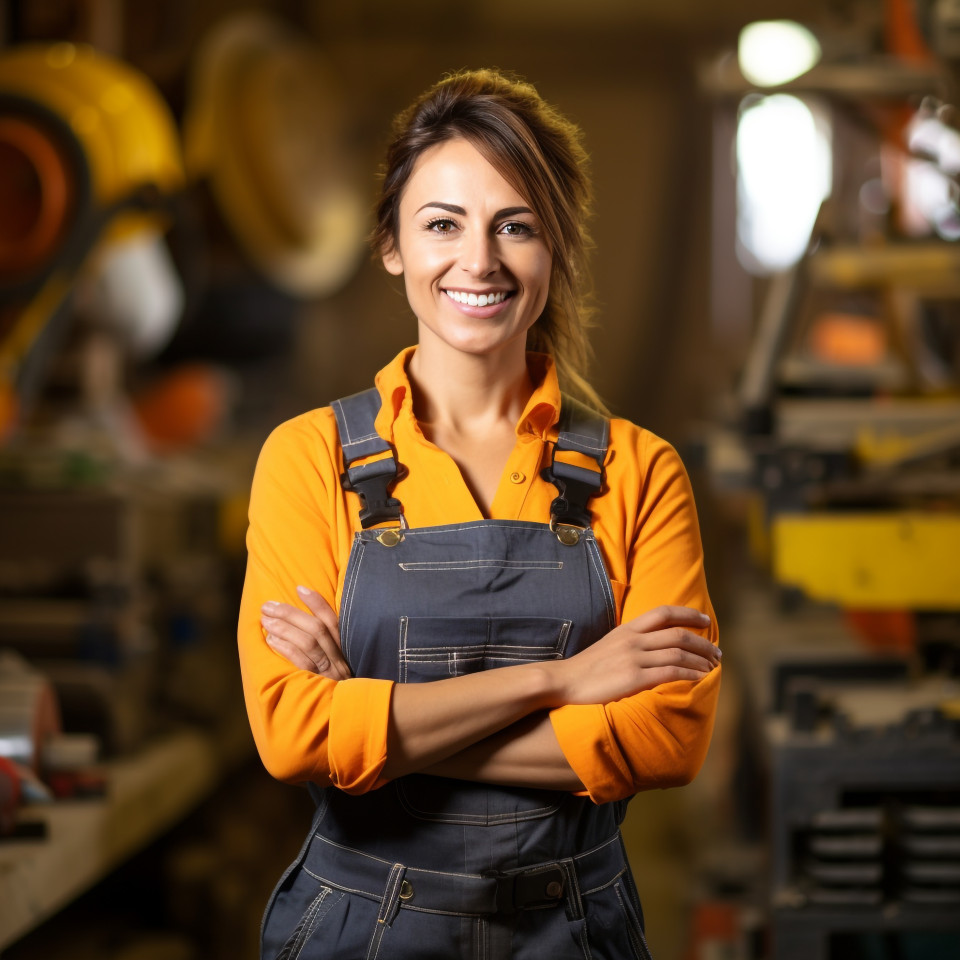 Smiling woman turner worker blurred background