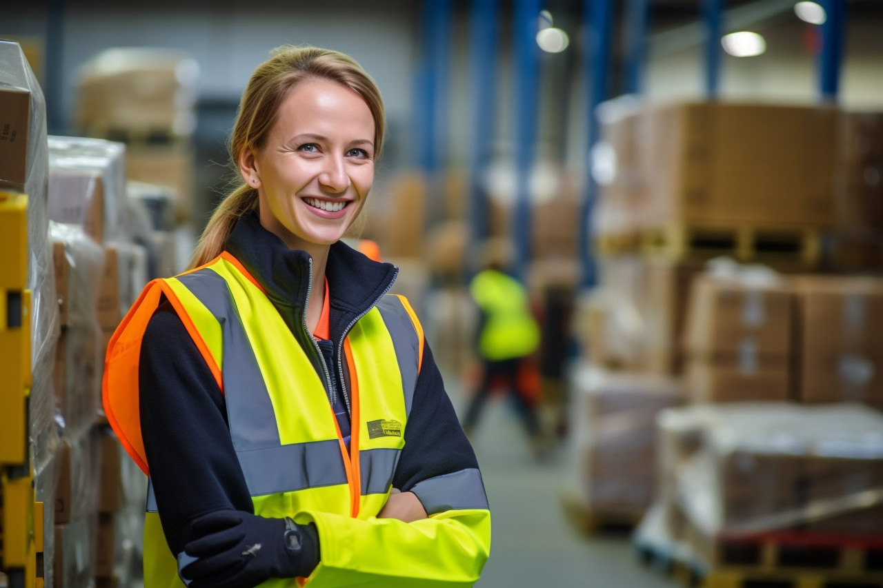 Smiling woman warehouse supervisor busy at work with blurred background