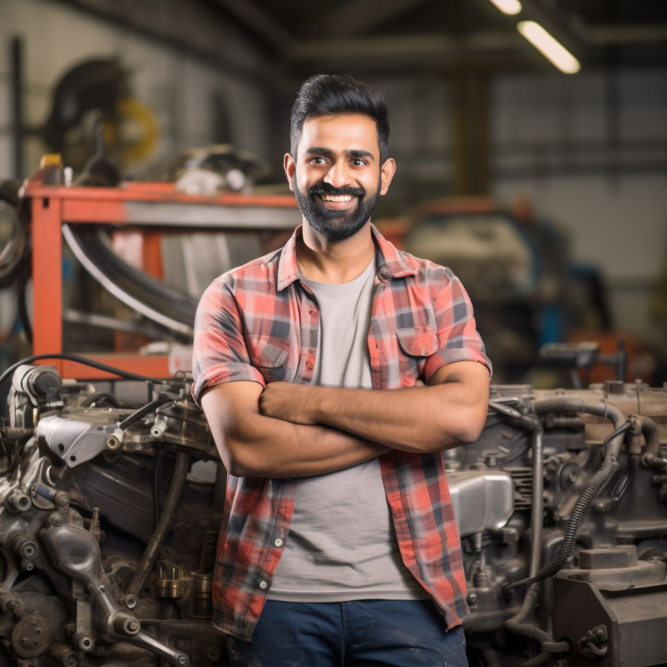 Happy indian car mechanic working on blurred background