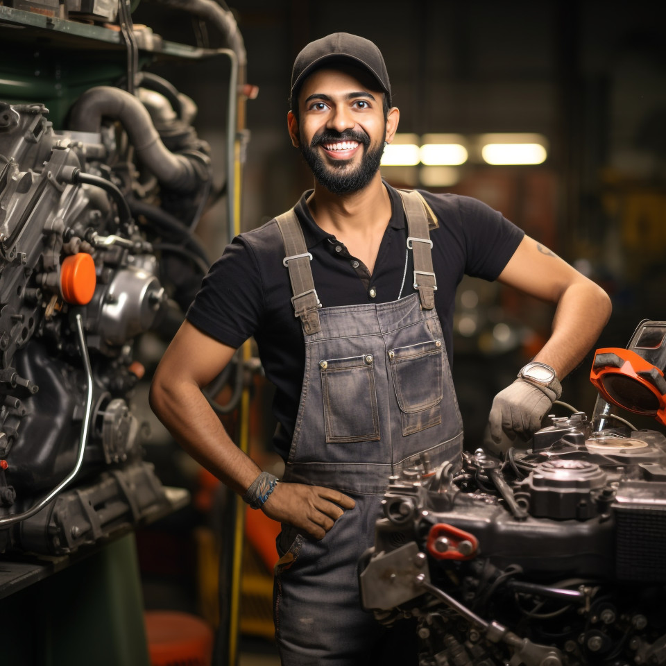 Happy indian car mechanic working on blurred background