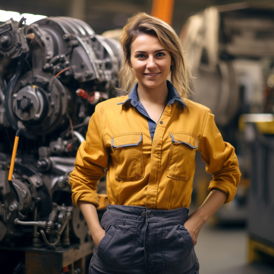 Smiling female heavy industry engineer at work on blurred background