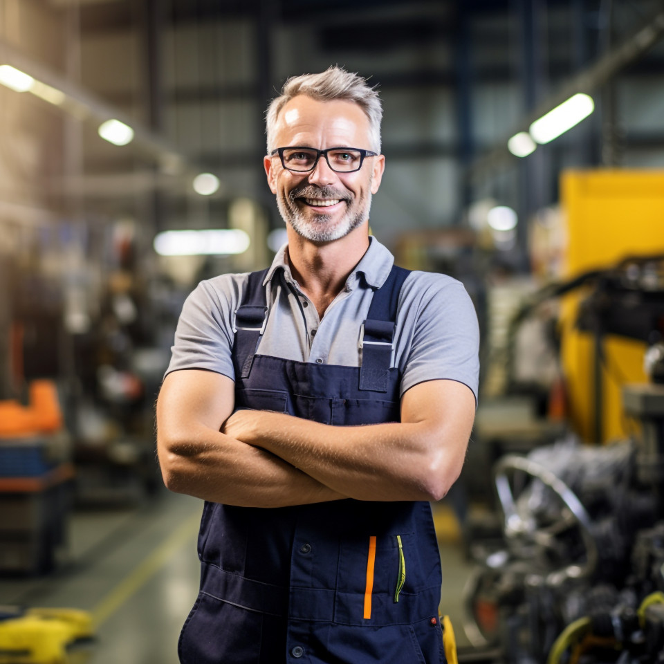 Industrial engineer smiling at work on blured background