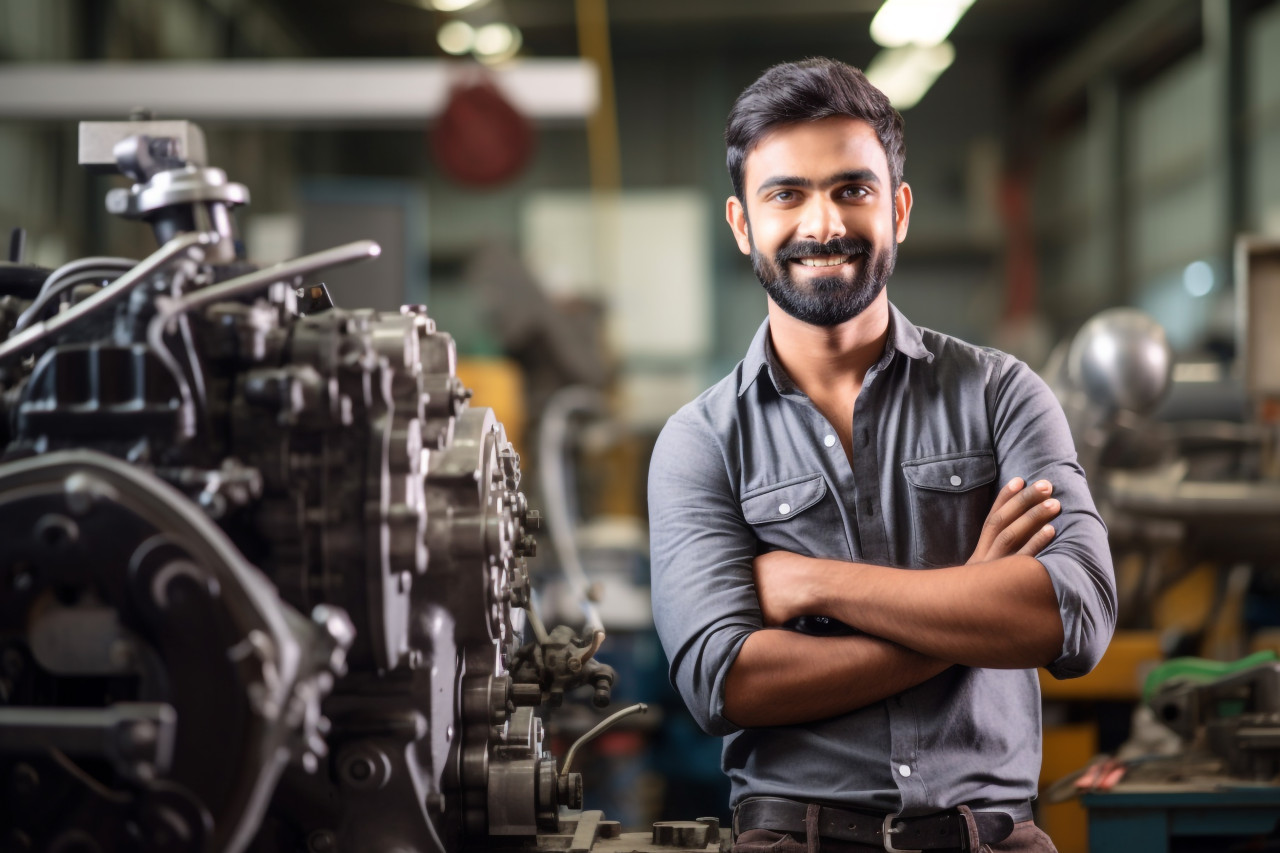Smiling indian male mechanical engineer at work on blured background