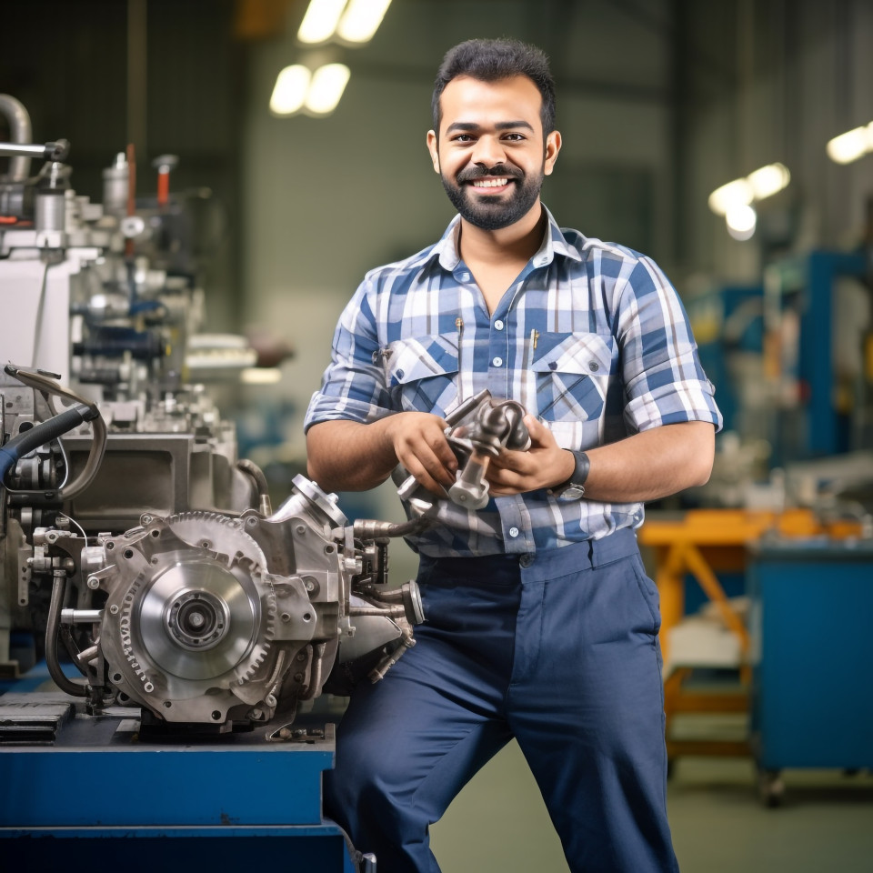 Indian male engineer working in office on blured background