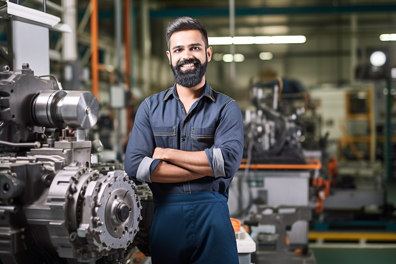 Smiling indian male mechanical engineer at work on blured background