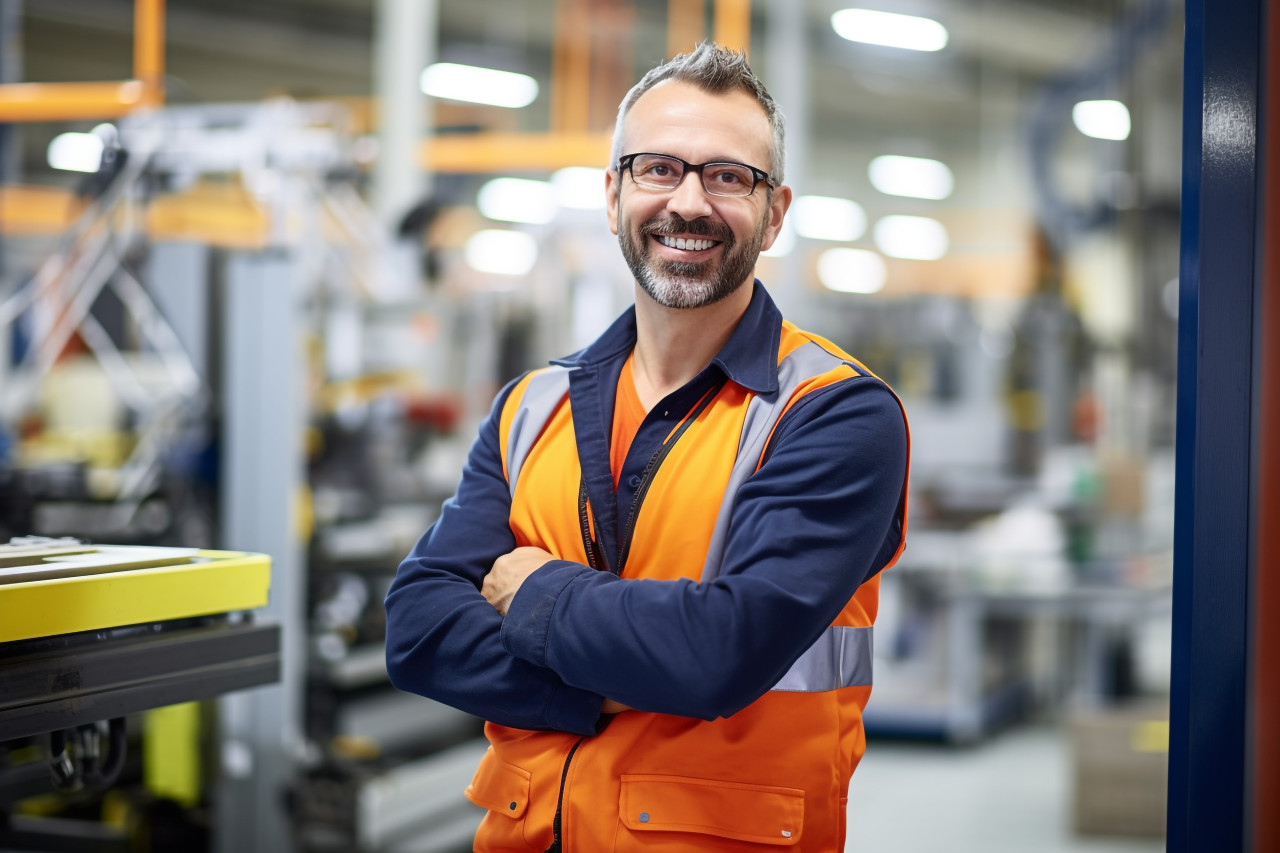 Smiling industrial engineer at work on blured background