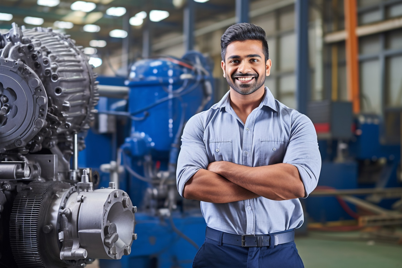 Smiling indian male mechanical engineer at work on blured background