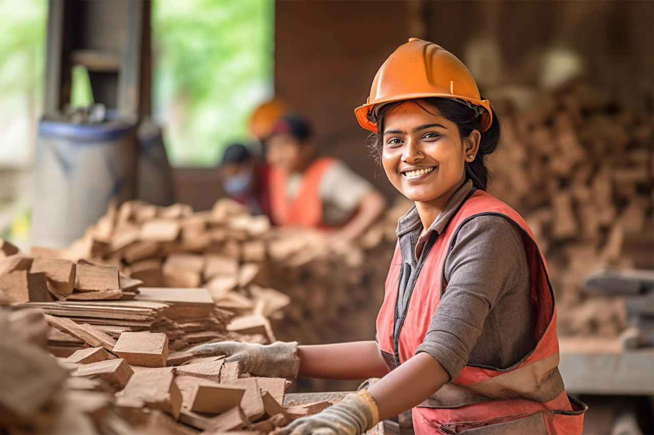 Indian woman foreman smiles at work on blurred background