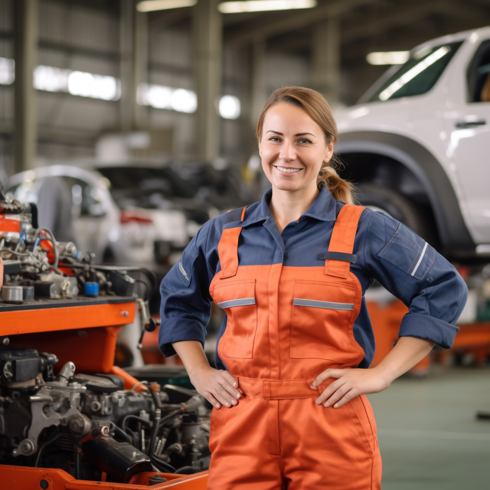 Smiling woman mechanic at work on blurred background