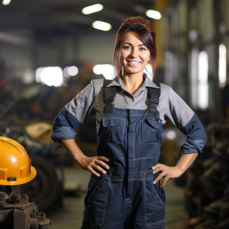 Smiling woman worker in heavy industry on blurred background