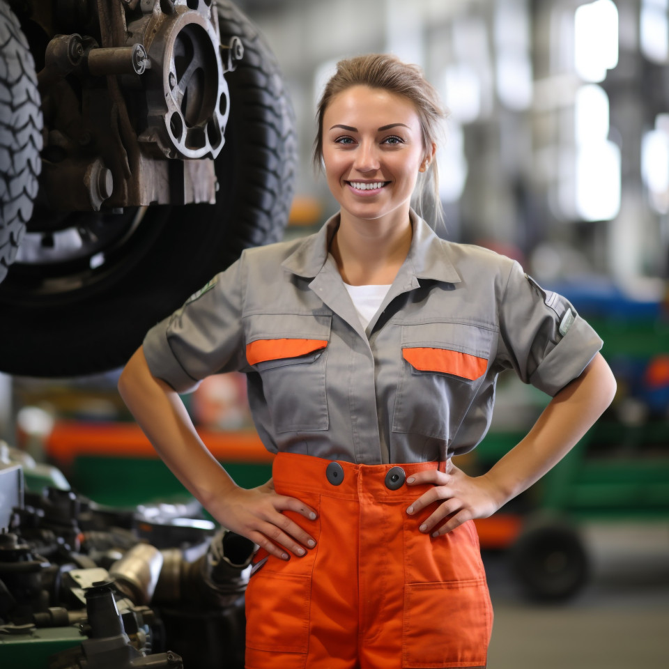 Smiling woman mechanic at work on blurred background