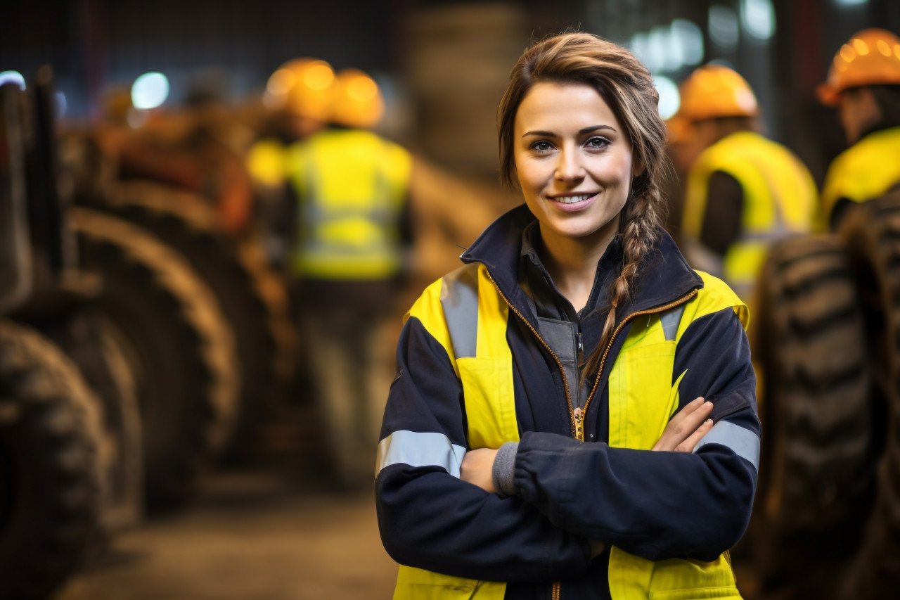 Smiling woman industrial worker at work on blurred background