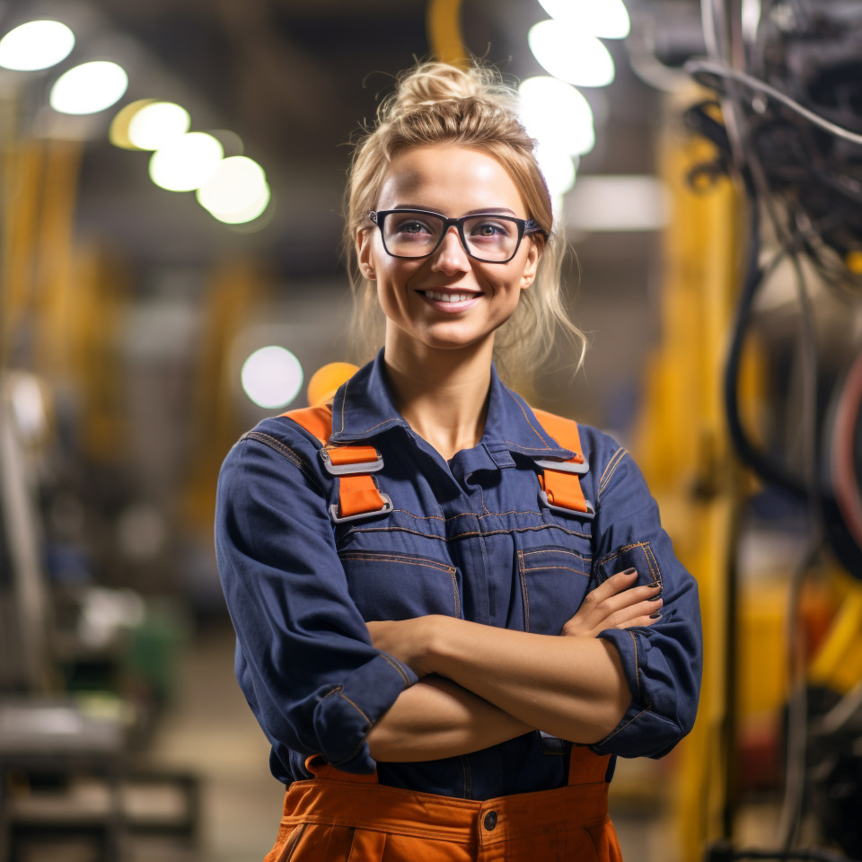 Smiling woman worker in heavy industry on blurred background