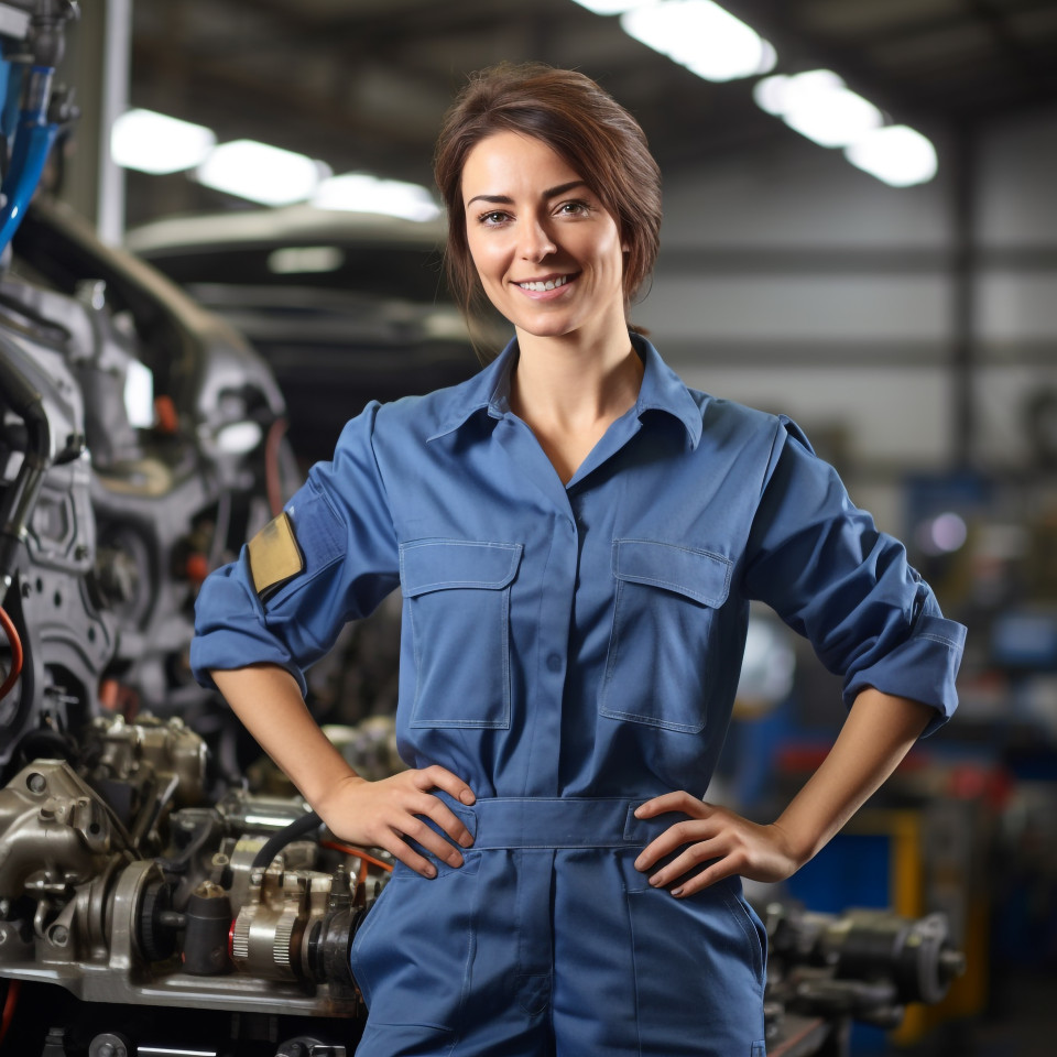Smiling woman mechanic at work on blurred background