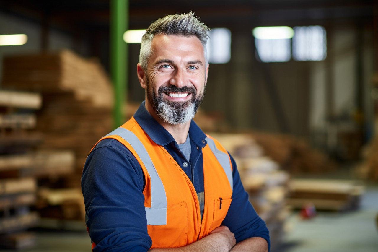Smiling construction worker on blurred background