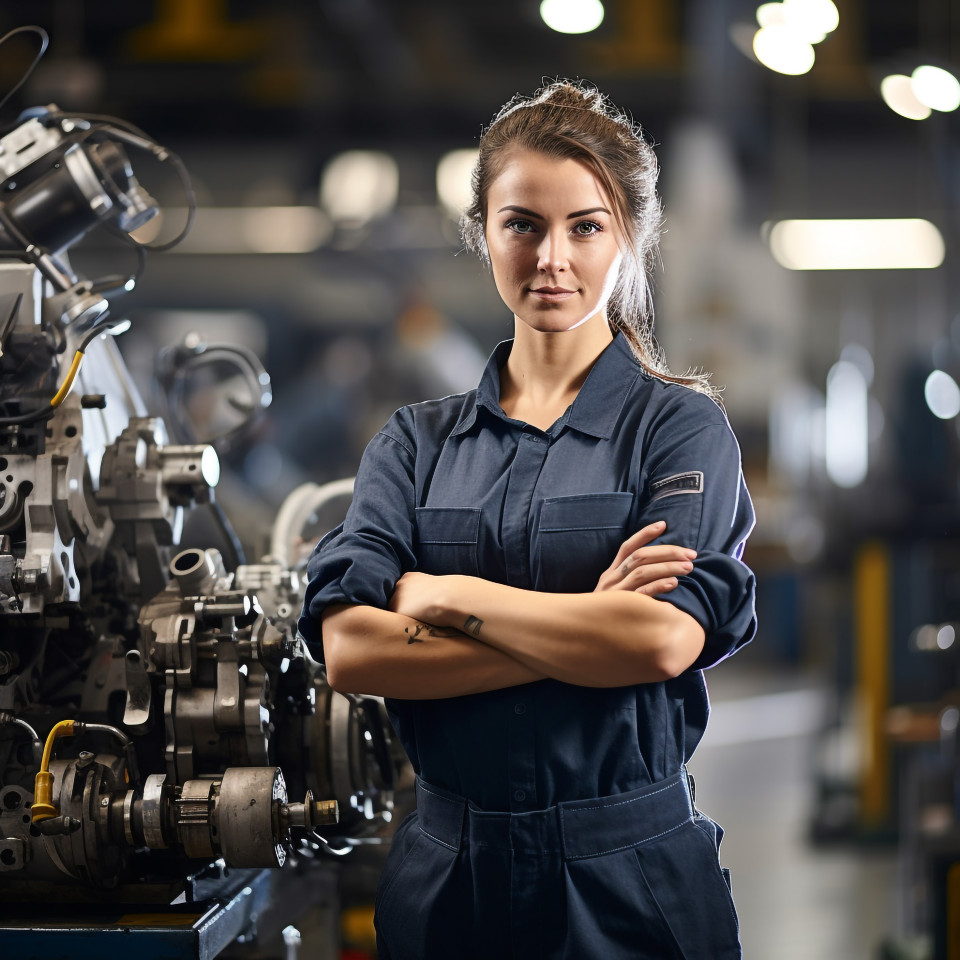 Female machinist operating machine with blurred background