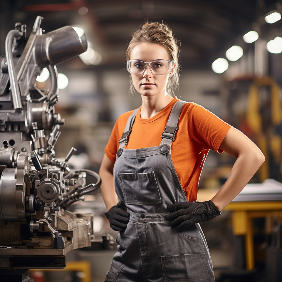 Female machinist operating machine with blurred background