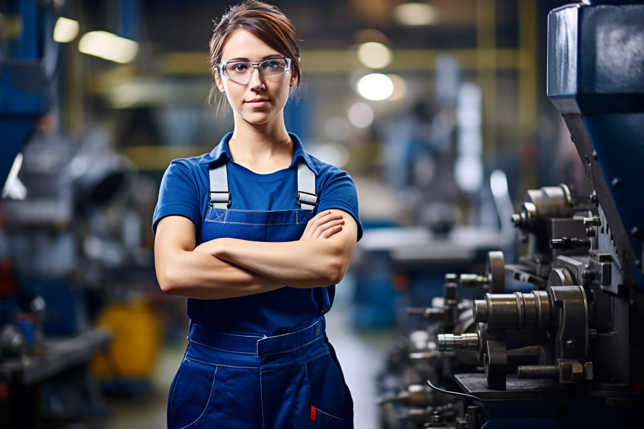 Confident female machinist in action on blurred background
