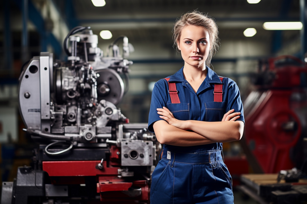 Confident female machinist in action on blurred background