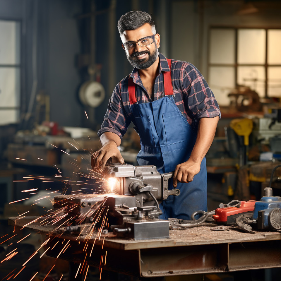 Indian tool and die maker working confidently on blurred background