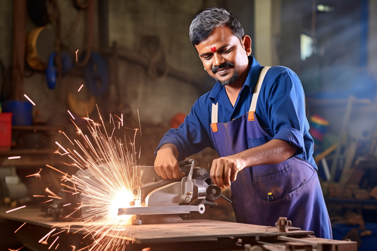 Hardworking indian tool and die maker at work on blurred background