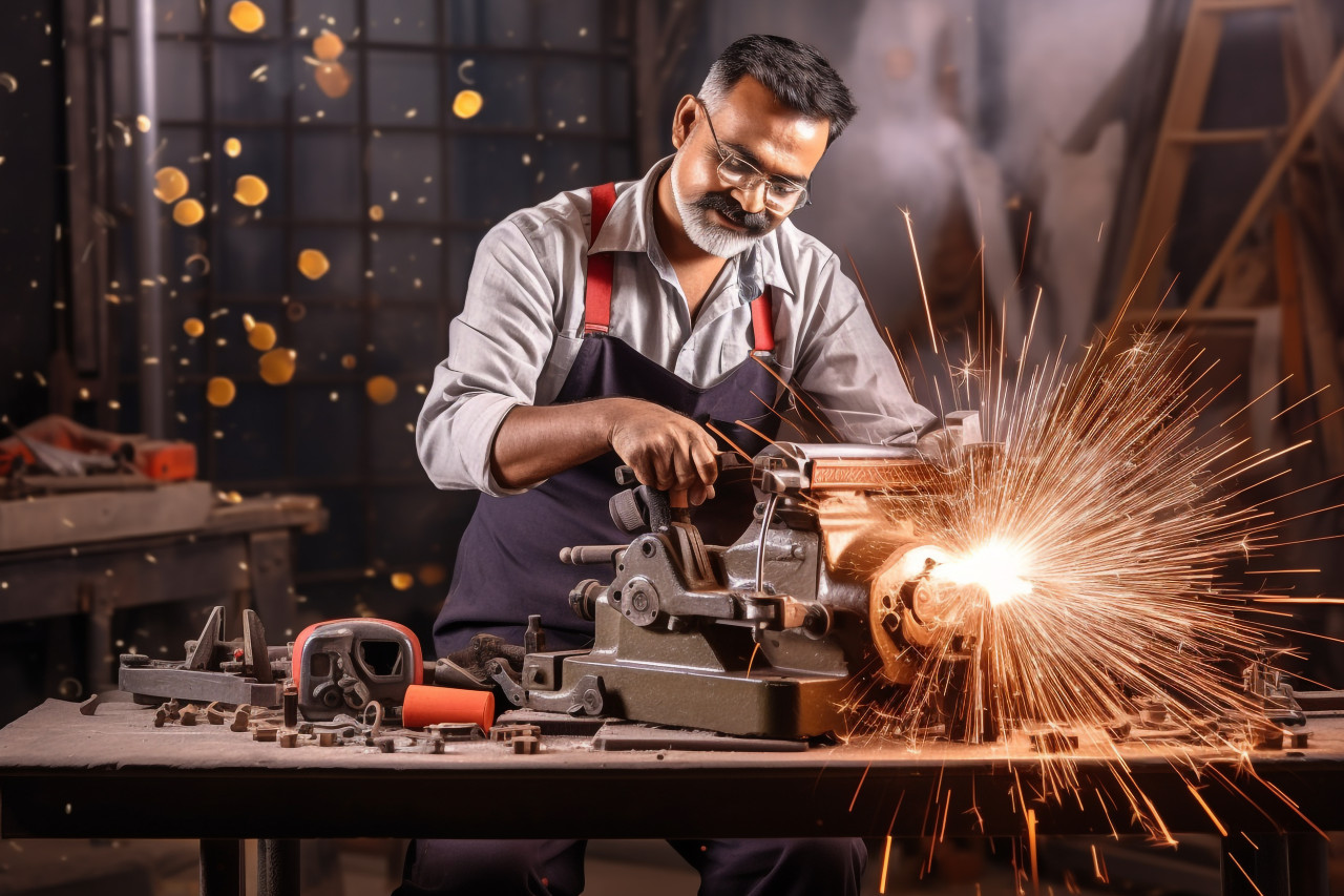 Hardworking indian tool and die maker at work on blurred background