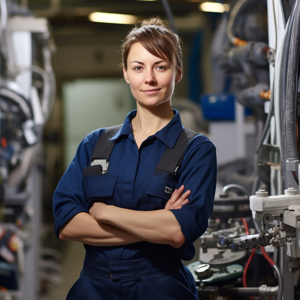 Female plumber confidently working on blurred background