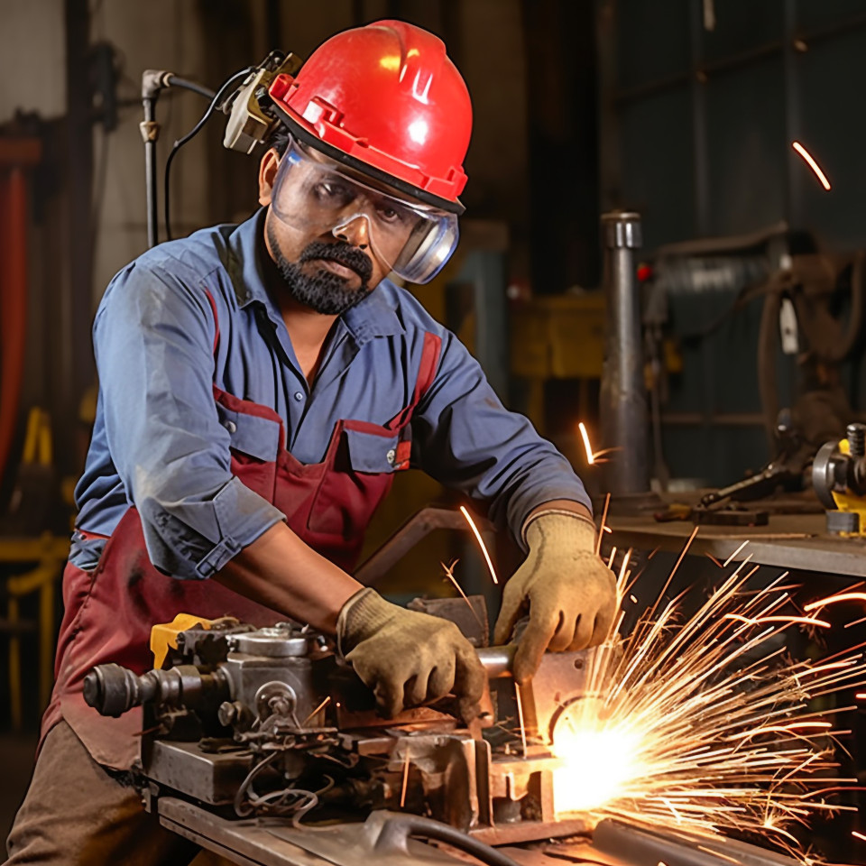 Confident indian male welder working on blurred background