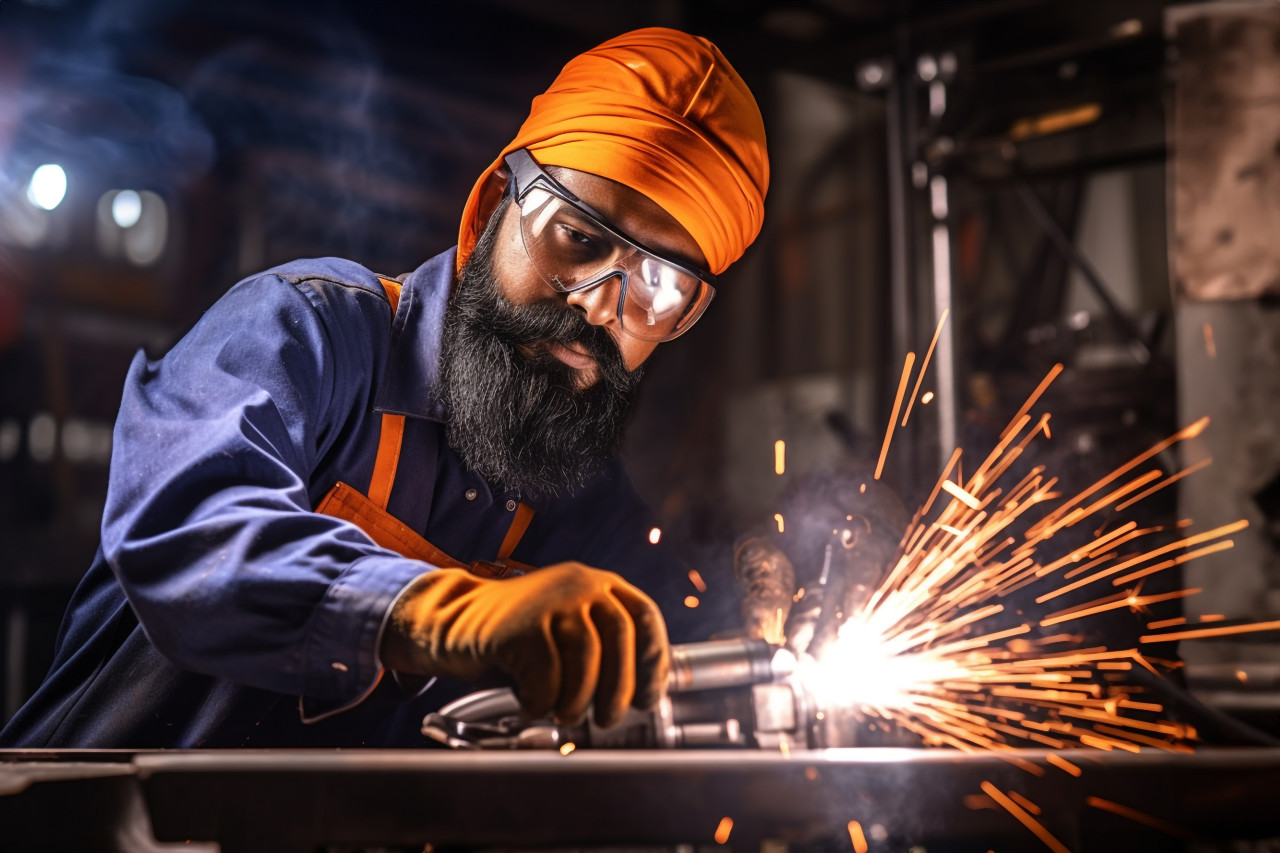 Smiling indian male welder at work on blurred background