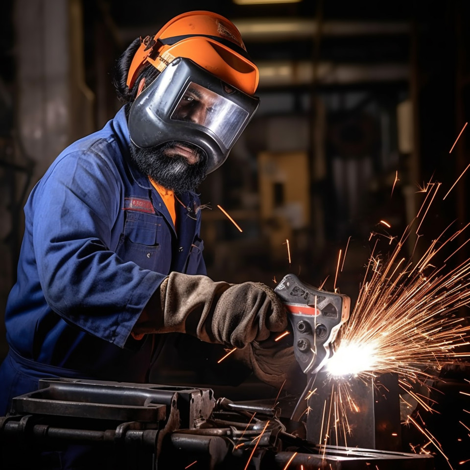 Confident indian male welder working on blurred background