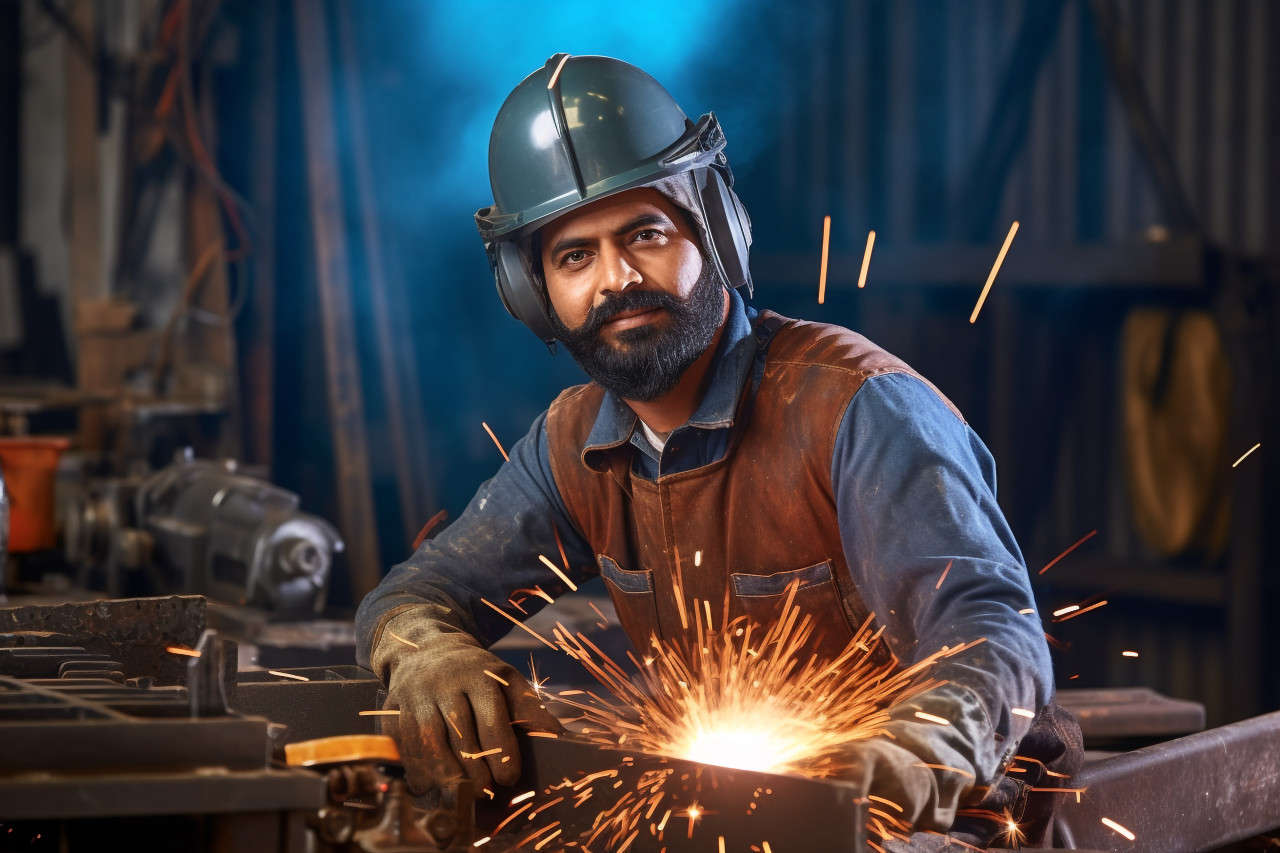 Smiling indian male welder at work on blurred background