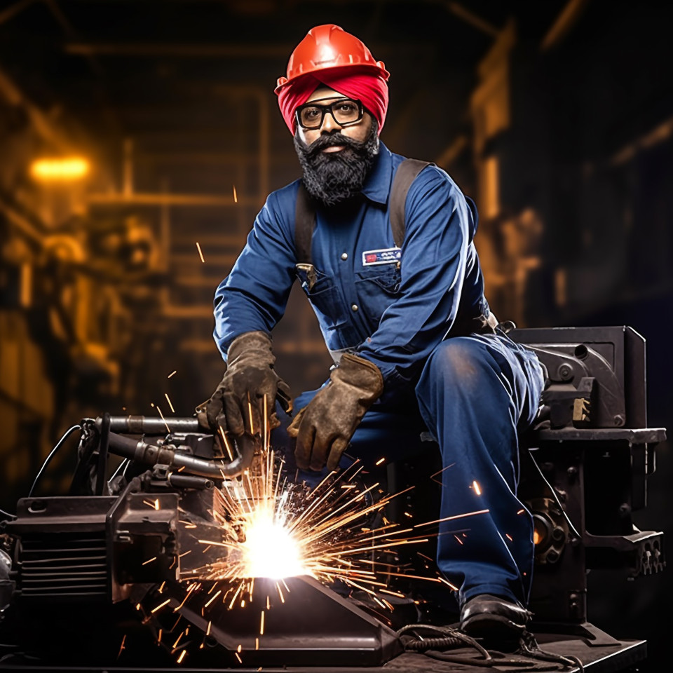 Confident indian male welder working on blurred background