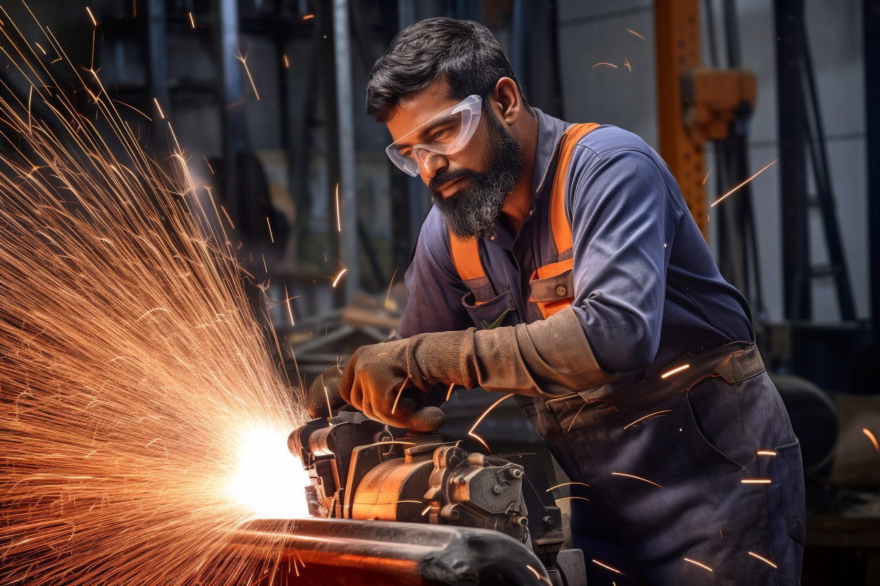 Smiling indian male welder at work on blurred background