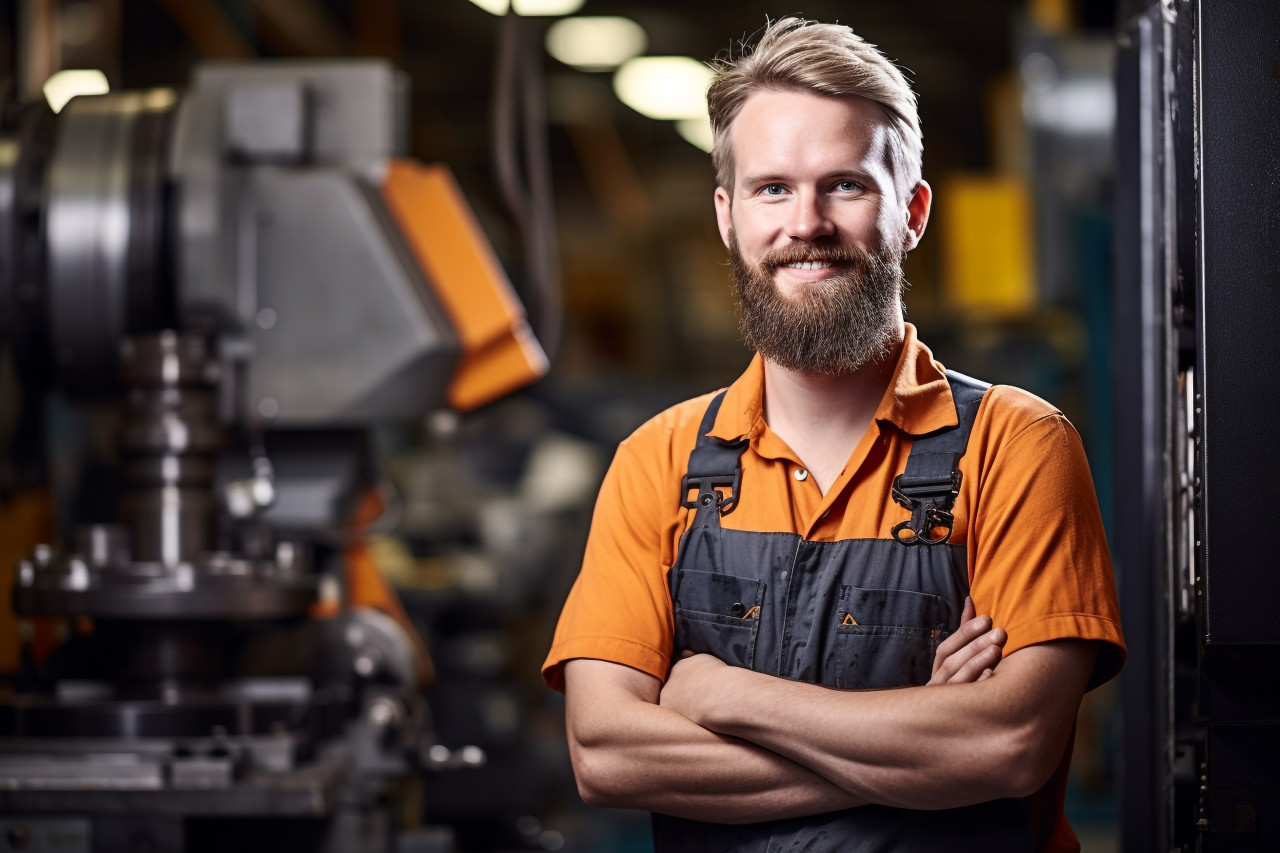 Confident machinist working on blurred background