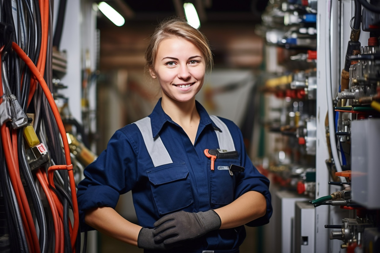 Woman plumber hard at work on blurred background