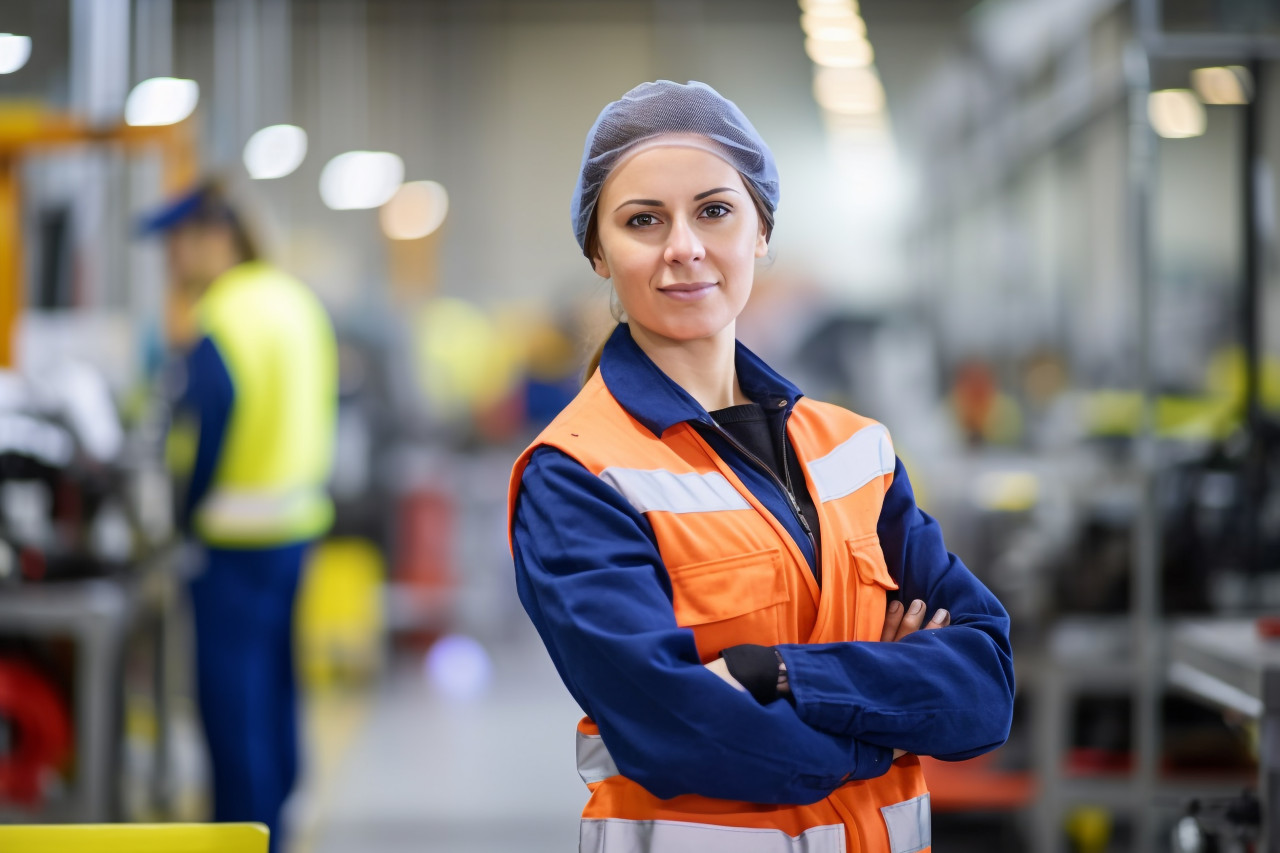 Woman working on assembly line on blurred background