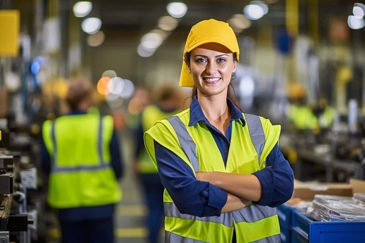Woman working on assembly line on blurred background