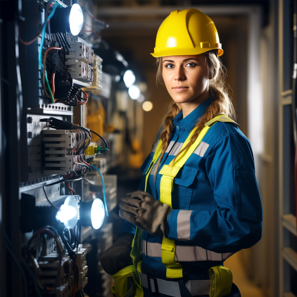 Female electrician working confidently on blurred background