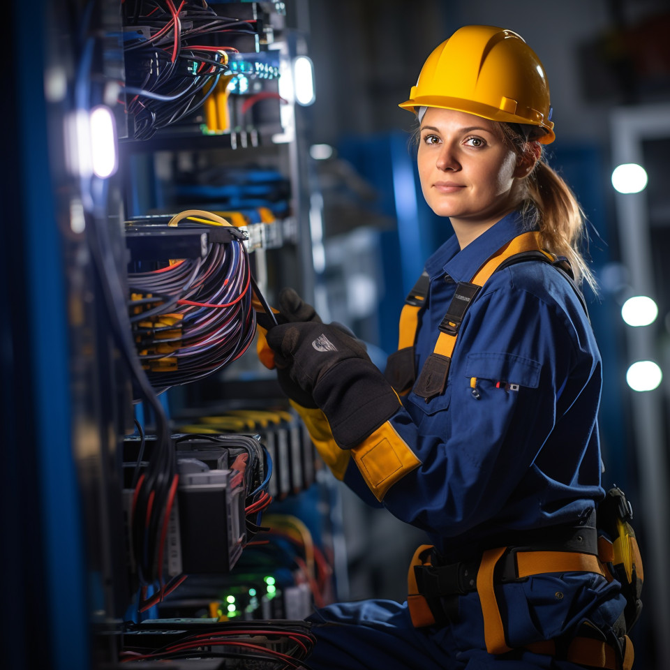 Female electrician working confidently on blurred background