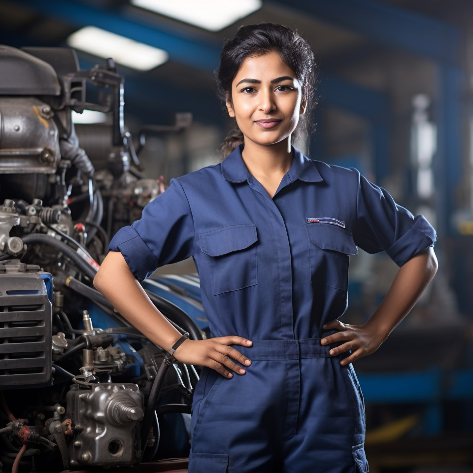 Confident indian woman mechanic working on blurred background