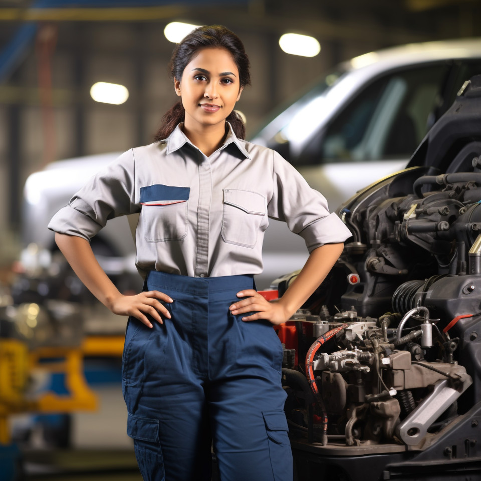 Confident indian woman mechanic working on blurred background