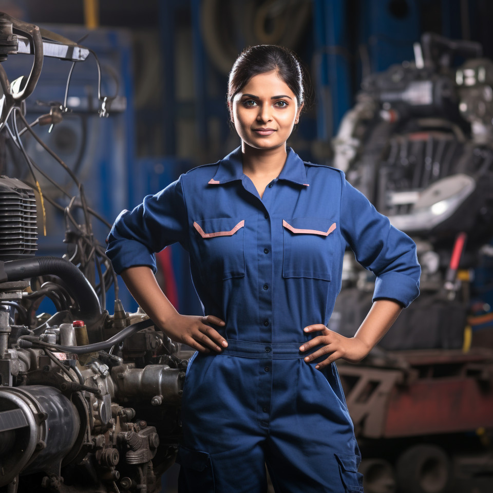 Confident indian woman mechanic working on blurred background