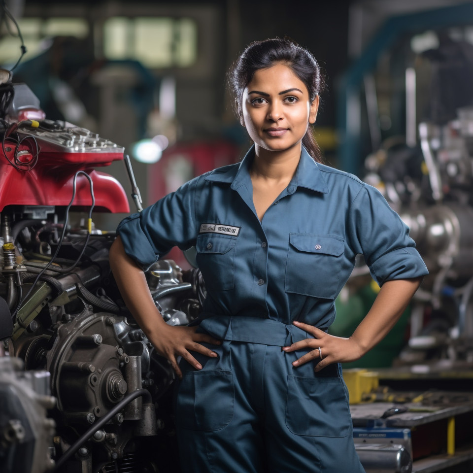 Confident indian woman mechanic working on blurred background