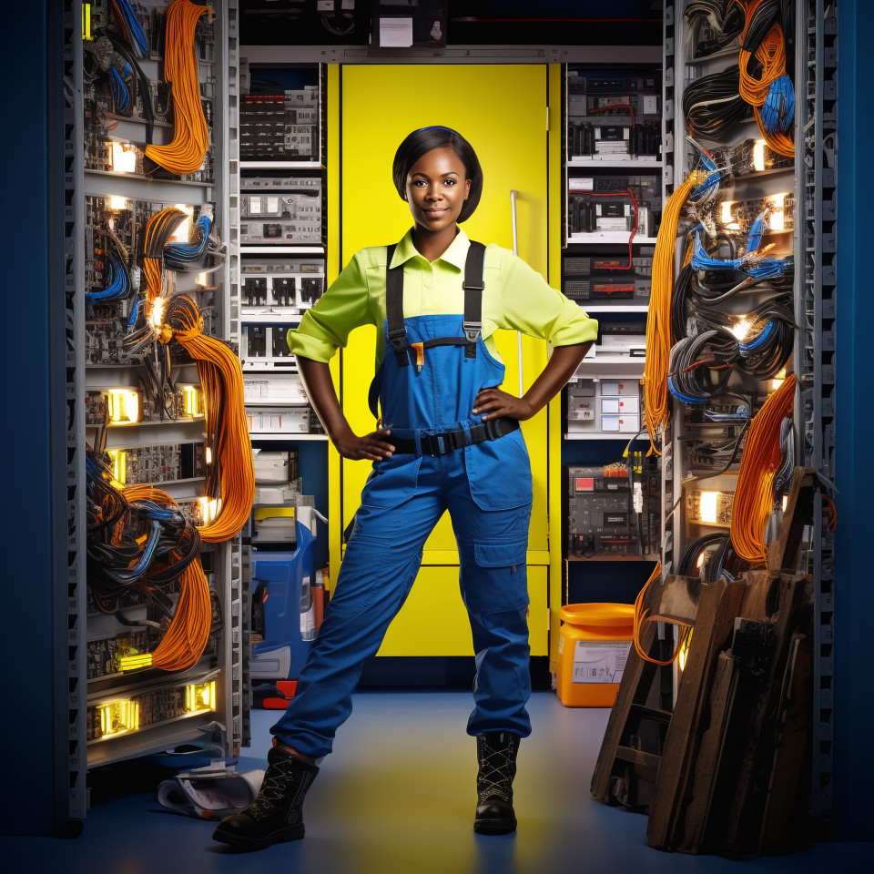 Female electrician working confidently on blurred background
