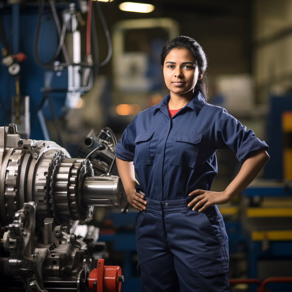 Confident indian woman machinist working in a blurred background