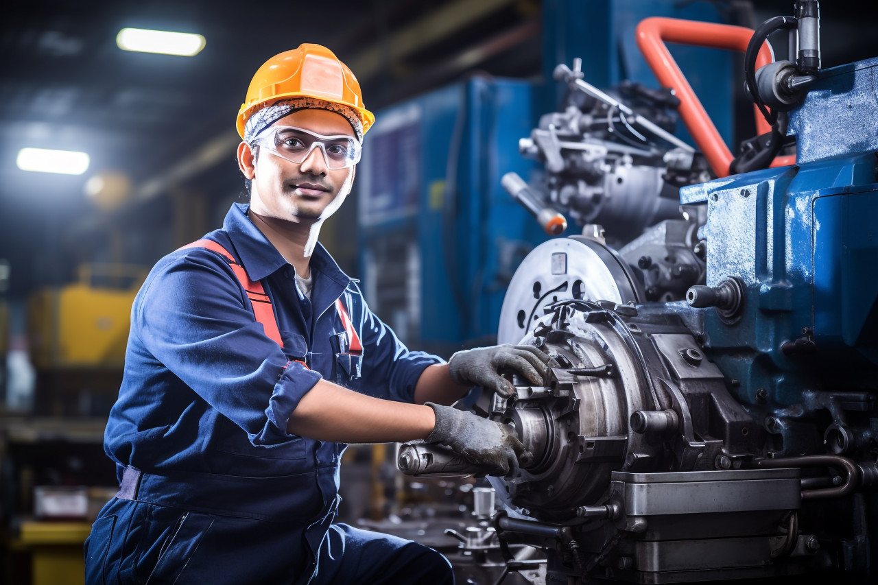 Confident indian woman machinist working in a factory on blurred background