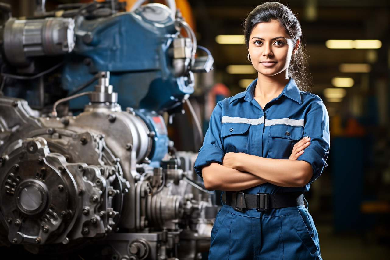 Confident indian woman machinist working in a factory on blurred background